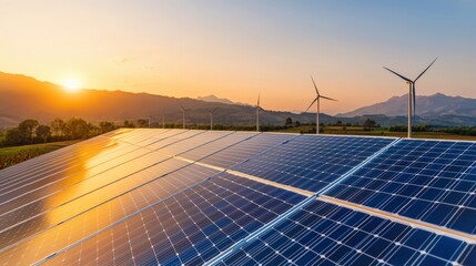 Aufkleber - Solar panels generating clean energy at sunset with wind turbines in background