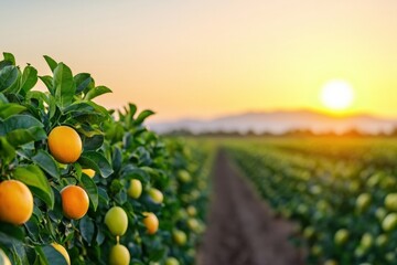 Poster - Orange orchard basking in golden sunset: sustainable agriculture at its finest