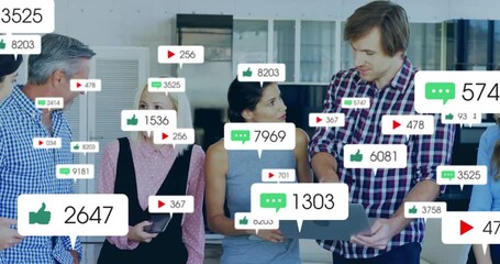 Poster - Office marketing team gathering at countertop reviewing social media metrics with floating icons