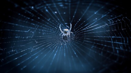 A macro shot of a spider's web in an empty room, the spider is seen at the center