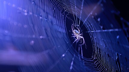 A macro shot of a spider's web in an empty room, the spider is seen at the center