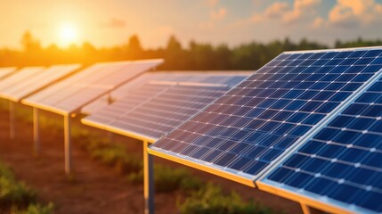 Aufkleber - Solar panels collecting sunlight at sunset in a solar energy farm