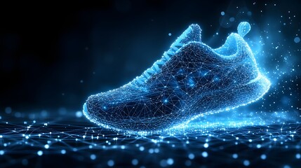 Aufkleber - Futuristic footwear design showcasing innovation. A digitally rendered shoe glows with interconnected blue lines on a matching network surface. Abstract wireframe in dark blue.