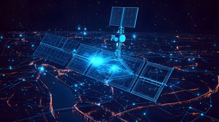 Poster - Futuristic satellite hovers over a glowing networked cityscape at night. The wireframe satellite monitors the Earth with a warm, connected presence. Abstract wireframe in dark blue.