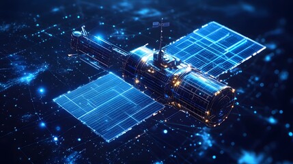 Aufkleber - Futuristic satellite with square solar panels and a cylindrical body, floating amidst a blue network of interconnected dots. Emphasizing connectivity and technology, Abstract wireframe in dark blue.
