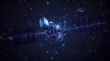 Poster - Conceptual digital rendering of a satellite orbiting Earth. Wireframe design highlights technology and exploration, showcasing its dish and solar panels. Abstract wireframe in dark blue