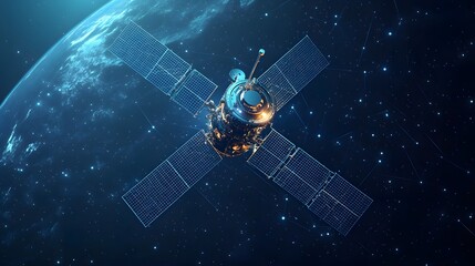 Poster - Detailed satellite orbits a vibrant planet against a backdrop of stars. Solar panels gleam, hinting at power and exploration. Ideal for space themes. Abstract wireframe in dark blue