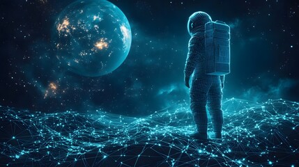 Aufkleber - A wireframe astronaut stands on a digital network, contemplating a vibrant, populated planet. Technological marvel meets cosmic wonder. Abstract wireframe in dark blue.