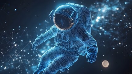 Poster - Futuristic astronaut wireframe floats in deep space. Cosmic environment with light points evokes a digital network. Exploration, technology, and the cosmos. Abstract wireframe in dark blue.