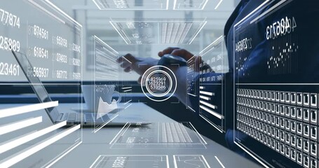 Poster - Hand interacting with floating holographic data panels above desk with laptop and coffee mug