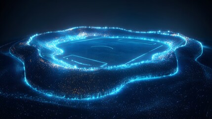 Aufkleber - Futuristic sports stadium rendered in glowing blue lines, a digital arena. High-tech aesthetic ideal for sports, technology, or gaming visuals. Abstract wireframe in dark blue