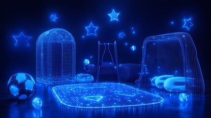Aufkleber - Futuristic wireframe objects bathed in a radiant blue neon glow create an ethereal scene. A soccer ball, swing, and hockey goal evoke playful nostalgia. Abstract wireframe in dark blue