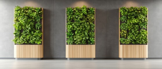 Poster - Three vertical gardens adorn the wall with lush greenery and natural wood accents in a modern space.
