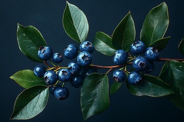 Wall Mural - Fresh blueberries cling to the delicate branches against a dark background creating a delicious display