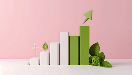 Poster - 3D Visualization of Sustainable Finance Metrics with Layered Columns Environmental Initiatives Depicted by Green Arrow Wind Turbine and Leaves on Pink Backdrop