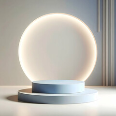 Poster - Abstract 3D Render of Blue and White Cylindrical Podium with Illuminated Circle Backdrop on White Surface