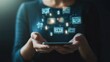 © Dao - Digital Banking and Financial Technology Concept. A person presents digital banking and financial technology icons, and currency symbols, emphasizing modern online payment systems and e-commerce.