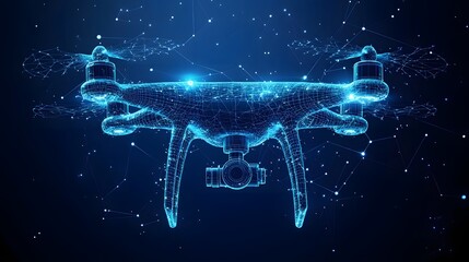 Aufkleber - Futuristic drone design rendered as a glowing blue wireframe against a constellation-like backdrop. Features include a camera, landing gear, and four propellers. Abstract wireframe in dark blue.