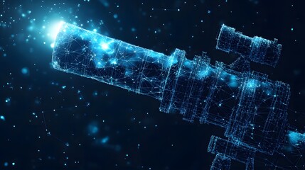 Poster - A modern, wireframe telescope glows against a cosmic backdrop, symbolizing exploration and discovery. Its geometric design and bright lens attract the eye. Abstract wireframe in dark blue.