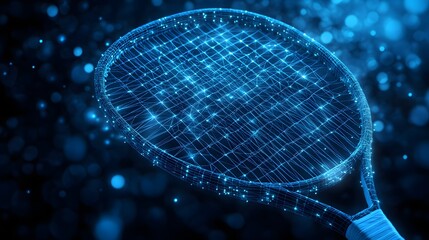 Aufkleber - Futuristic tennis racket design showcasing a glowing wireframe structure against a dark backdrop with bokeh lights. Ideal for sports tech visuals and digital concepts. Abstract wireframe in dark blue