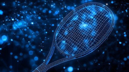 Aufkleber - A stunning, tech-inspired digital artwork featuring a blue wireframe tennis racket. Glowing orbs and lines create an interconnected network backdrop. Abstract wireframe in dark blue.