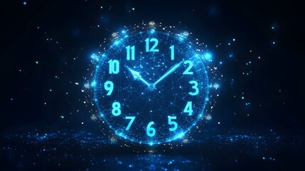 Poster - Futuristic clock illustration with illuminated hands and numbers. A digital, high-tech time concept with glowing blue accents against a dark backdrop. Abstract wireframe in dark blue.