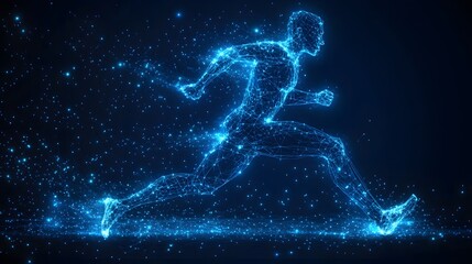 Aufkleber - Dynamic runner depicted as luminous blue lines/dots against a dark backdrop. Evokes technology and speed, perfect for innovation concepts. Abstract wireframe in dark blue.