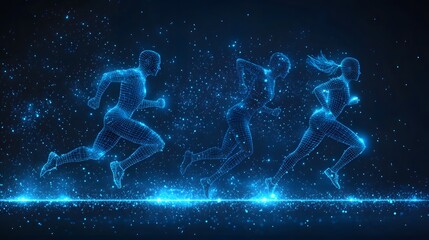Aufkleber - Futuristic runners illuminated in blue dash across a starry expanse. Wireframe figures represent speed and advanced technology. Great for sports or tech concepts. Abstract wireframe in dark blue