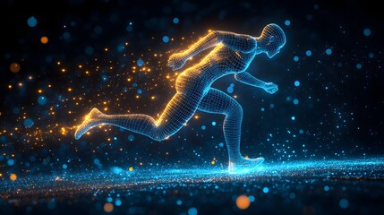 Aufkleber - Dynamic digital art showcases a wireframe runner in motion, bathed in a vibrant gradient of blue to orange. Light particles accentuate speed against a dark backdrop.Abstract wireframe in dark blue