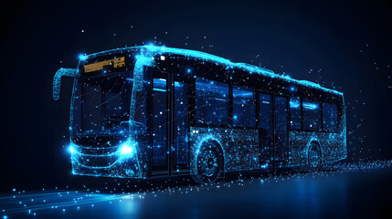 Aufkleber - Futuristic bus with glowing blue wireframe design. Modern transportation concept showcasing connectivity and innovation. A high-tech vehicle outlined in digital light. Abstract wireframe in dark blue.