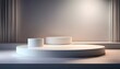 © PandaUniverse - minimalist product scene with white podiums and soft gradient