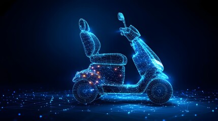 Poster - Futuristic mobility scooter concept rendered in a glowing blue wireframe against a dark backdrop, conveying innovation and accessibility, Abstract wireframe in dark blue
