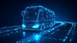 © ainynoer - Futuristic bus concept rendered as a blue wireframe with glowing lights, implying smart transportation. Motion streaks enhance the dynamic feel. Abstract wireframe in dark blue.