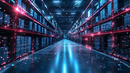 Aufkleber - Futuristic data center showcasing cutting-edge technology and efficiency. Rows of blue servers line illuminated shelves, reflecting on a clean floor. Abstract wireframe in dark blue.