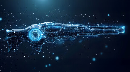 Aufkleber - Futuristic weapon concept with glowing blue wireframe design. High-tech blaster or rifle schematic against a dark blue network backdrop. Visualizing advanced weaponry, Abstract wireframe in dark blue