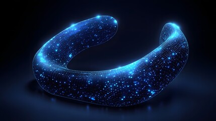 Fototapete - A captivating, glowing blue horseshoe form stands out against the deep dark backdrop. Its wireframe design and bright nodes make it an appealing image. Abstract wireframe in dark blue.