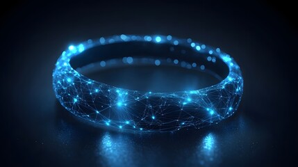 Fototapete - Futuristic ring of interconnected glowing lines forms a captivating technological display. Subtle reflections enhance its ethereal presence. Abstract wireframe in dark blue.