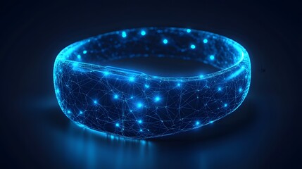 Fototapete - Futuristic glowing blue wristband with interconnected lines and nodes. Its high-tech appearance is emphasized by the bright blue light reflected on the dark surface. Abstract wireframe in dark blue.
