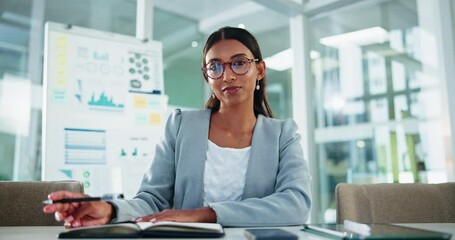 Poster - Business woman, face or thinking with video call for online training or virtual workshop at office. Portrait, female person or analyst writing with notebook in POV for remote conference or webinar