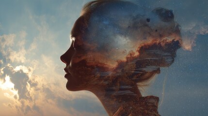 Wall Mural - realistic cosmic goddess in a cosmic sky. double exposure with woman using the planets as stepping s