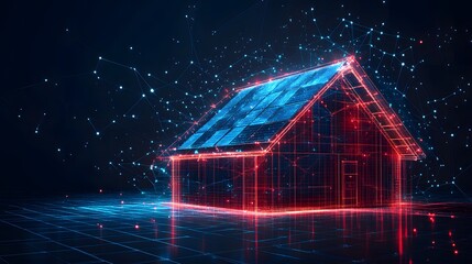 Aufkleber - Futuristic house rendered as a red wireframe with a solar panel roof, nestled in a glowing blue grid network. Represents smart home technology and connected living. Abstract wireframe in dark blue
