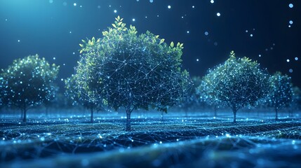 Leinwandbilder - Surreal landscape showcasing vibrant green trees interwoven with glowing blue circuitry against a dark blue backdrop. A futuristic blend of nature and technology. Abstract wireframe in dark blue.