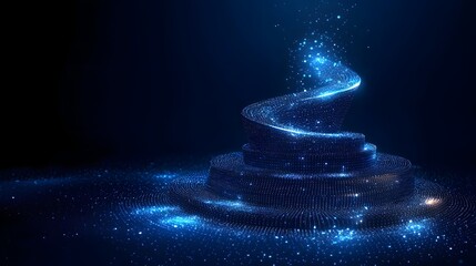Fototapete - Abstract shimmering structure in blues. Concentric platforms rise to a dissolving helix, creating an ethereal, otherworldly feel. Abstract wireframe in dark blue