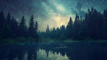 Wall Mural - starry night forest: mystical reflection of a starry night sky over a serene forest lake, creating a