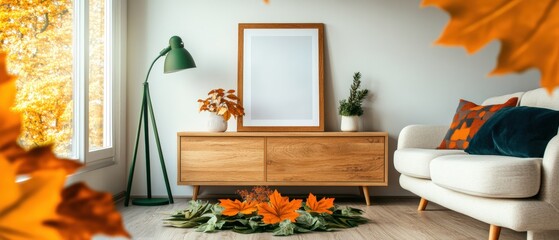 Poster - A bright living room interior showcases a framed picture above a wooden cabinet with autumn decor pieces.