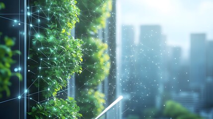 Poster - A vibrant green wall, blurring nature with technology. Connected nodes overlay lush plants against a cityscape. Sustainable urban innovation, technology. Abstract wireframe in dark blue