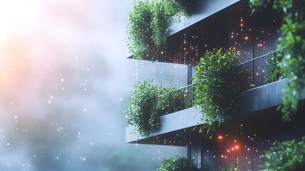 Fototapete - Modern building featuring green balconies & a dark exterior creates a captivating contrast. Bokeh & glowing lights add a magical feel. Eco-friendly design shines! Abstract wireframe in dark blue.