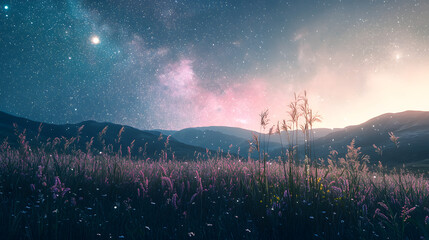 Wall Mural - Starlight Meadow: A breathtaking landscape painting of a vibrant starlit sky, where hues of pink and blue blend seamlessly above the tranquil meadow.