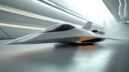 Poster - Sleek white futuristic aircraft design on metallic surface with bright light tunnel