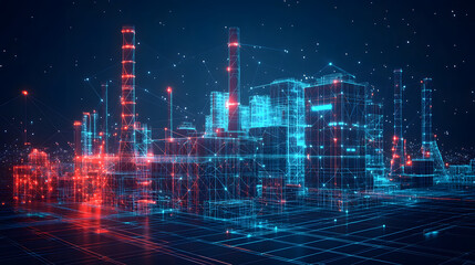 Poster - Futuristic industrial cityscape with wireframe buildings glowing in blue and red. A high-tech network conveys interconnectedness and data flow. Abstract wireframe in dark blue.